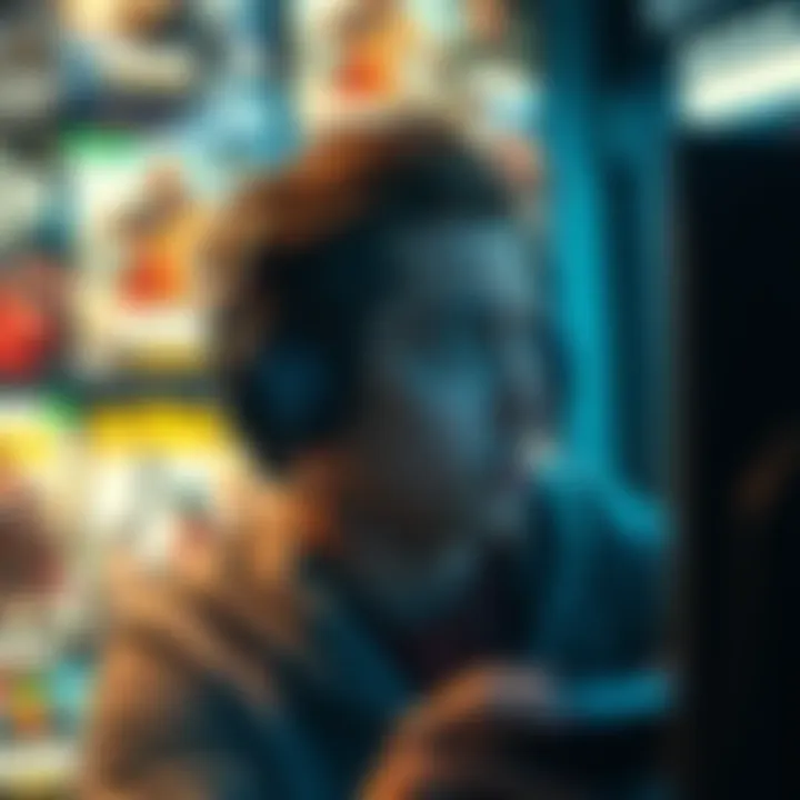 A gamer looking at a screen with a puzzled expression, surrounded by popular game posters, reflecting the struggle to enjoy high-rated games.