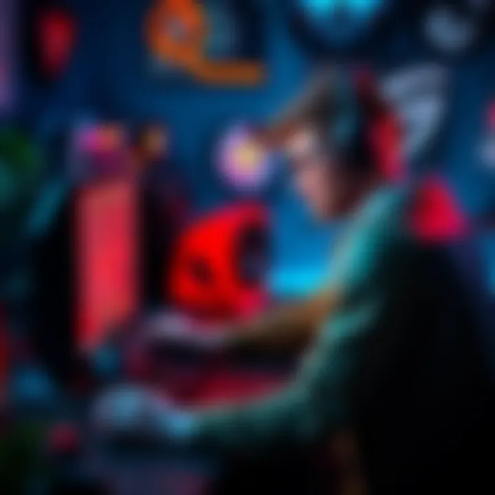 Frustrated gamer at a computer A gamer shows frustration while playing a video game on a computer, surrounded by gaming gear and equipment, highlighting issues with cheating in online play.