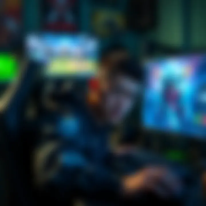 A gamer looks upset while playing, surrounded by gaming paraphernalia and a screen showing a competitive match.