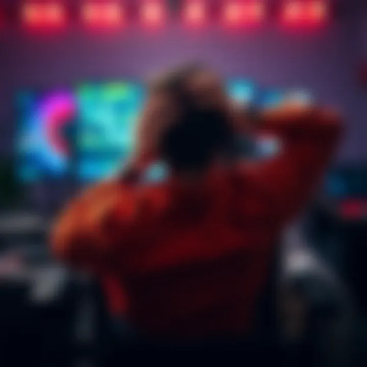 A gamer slumps in their chair, hands on their head, surrounded by game controllers and a screen showing a challenging game level, depicting a moment of frustration.