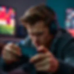 A gamer shows frustration while playing, with a game controller in hand and an intense expression, indicating a moment of failure in the game.