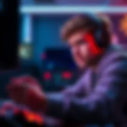 A gamer shows frustration while playing a game with auto aim features, staring intently at the screen in a dimly lit room