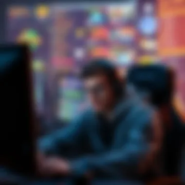 A gamer sitting in front of a computer, looking stressed and overwhelmed by multiple gaming notifications and tasks on the screen, reflecting the pressure of FOMO in gaming communities.