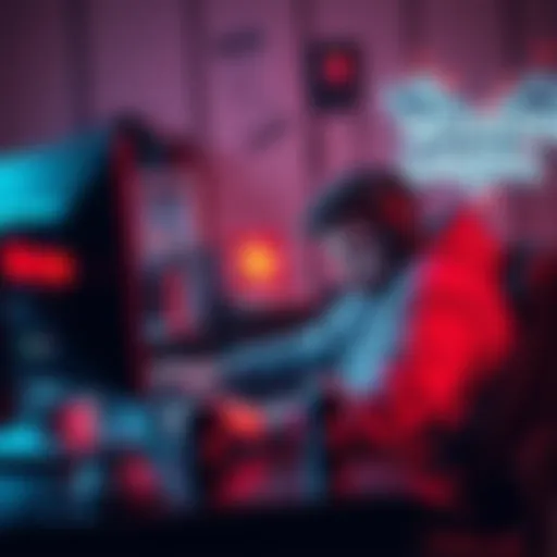 A gamer looking frustrated while playing a game on their computer, surrounded by game-related items and energy drinks, showing a sense of exhaustion