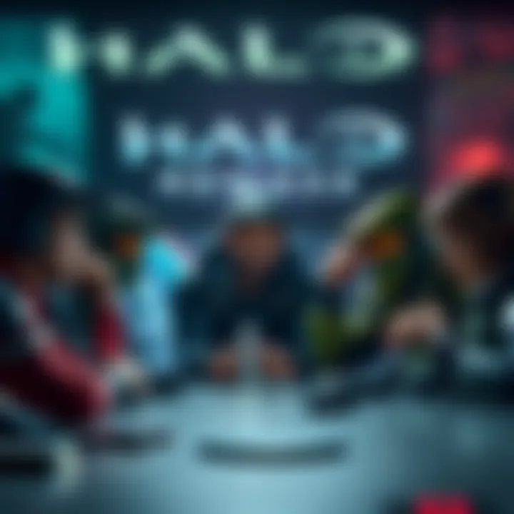 Frustrated gamers discussing Halo 1 remake A group of gamers expressing frustration around a table, with Halo 1 imagery in the background.