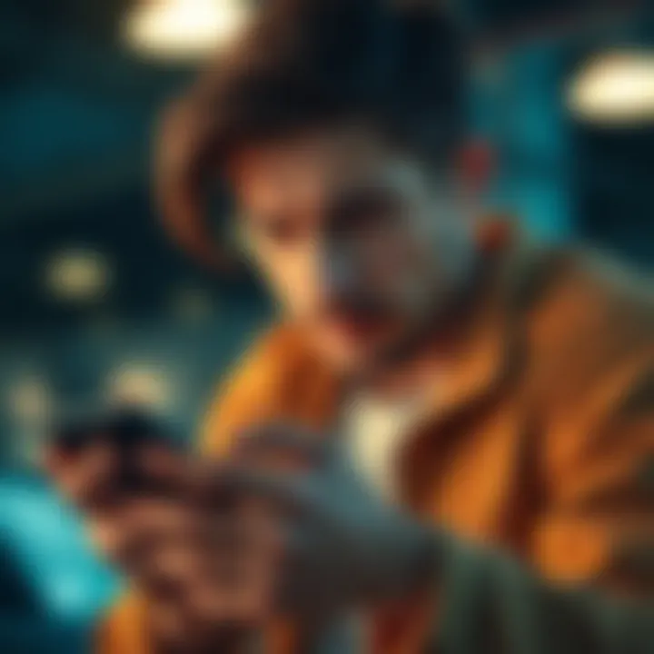 User looking disappointed while checking the My Research section on a phone that shows no data