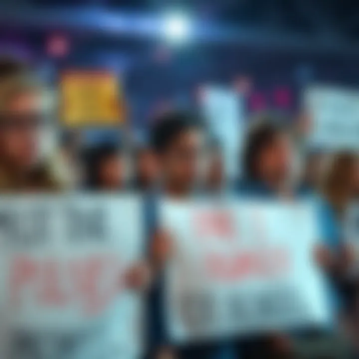 Frustrated attendees expressing their discontent A group of unhappy event attendees voicing frustration at a poorly organized event, holding signs and banners demanding accountability from the leader.