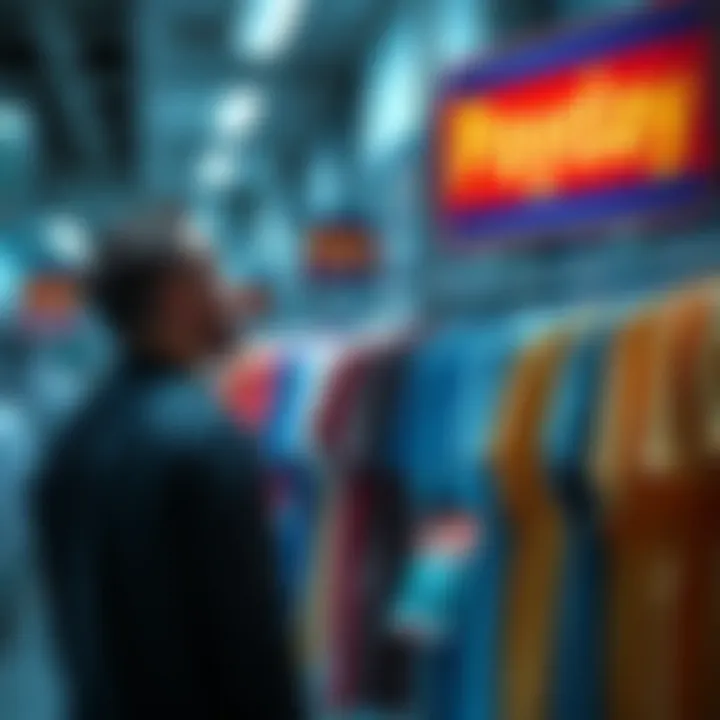 A frustrated person staring at an empty shirt rack with a payday sign nearby