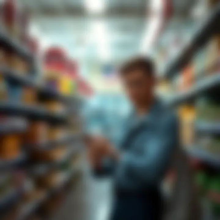 A disappointed shopper stands in a store holding a product they regret buying, looking frustrated and confused.