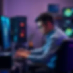 A person sitting at a desk looking stressed while using a computer, surrounded by computer parts and wires, showing signs of frustration after a PC upgrade.