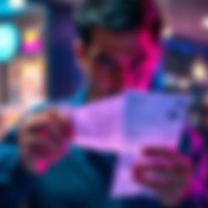 Frustrated consumer looking at receipts A person holding a receipt with a frustrated expression, frustrated over a recent online purchase they feel is a scam