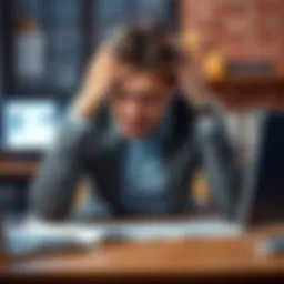 A stressed employee sitting at a desk with their head in their hands, expressing frustration over a difficult boss.