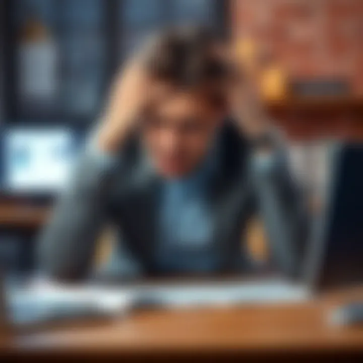 A stressed employee sitting at a desk with their head in their hands, expressing frustration over a difficult boss.