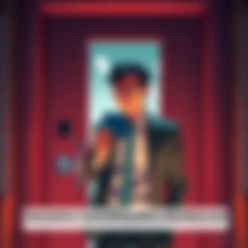 An executive stands confused at a locked door, holding a dining hall keycard, unsure of how to gain entry to Beta facilities.