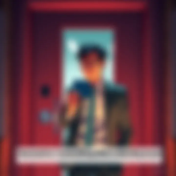 An executive stands confused at a locked door, holding a dining hall keycard, unsure of how to gain entry to Beta facilities.