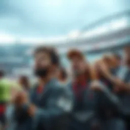 Group of fans showing frustration at a stadium during a game, expressing annoyance over loud announcements.
