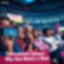 A group of fans looking disappointed while watching a tournament match on screens, with banners in hand and expressions of concern about the schedule