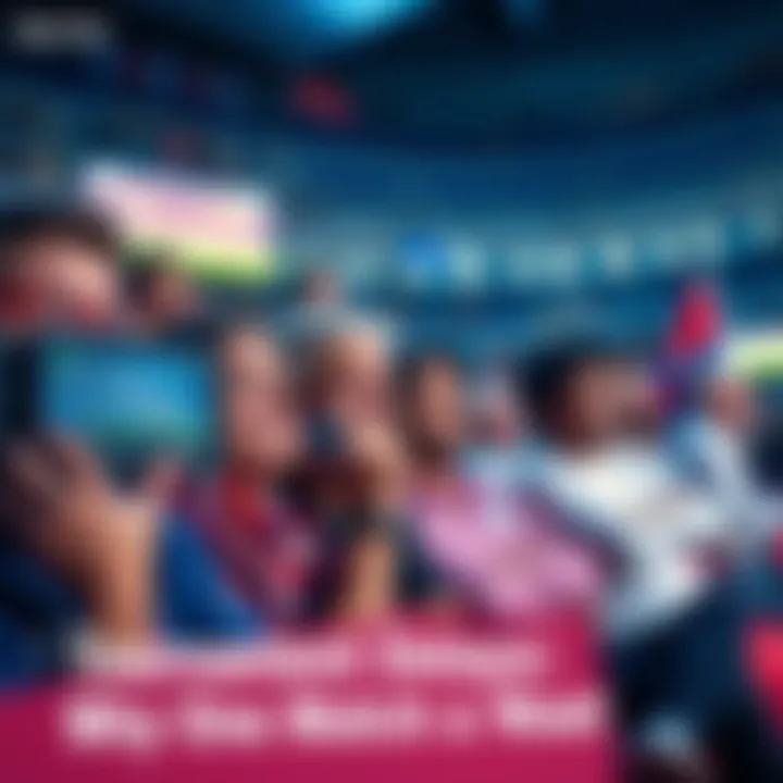 Frustrated fans watching tournament A group of fans looking disappointed while watching a tournament match on screens, with banners in hand and expressions of concern about the schedule