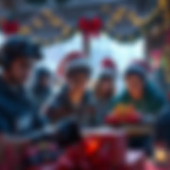 A group of Fortnite players looking disappointed while checking their gifts, holiday decorations in the background