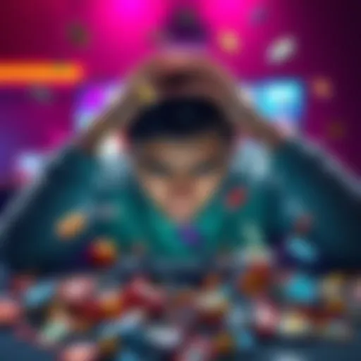 A gamer showing frustration while playing, hands on head, surrounded by scattered game materials on the screen.