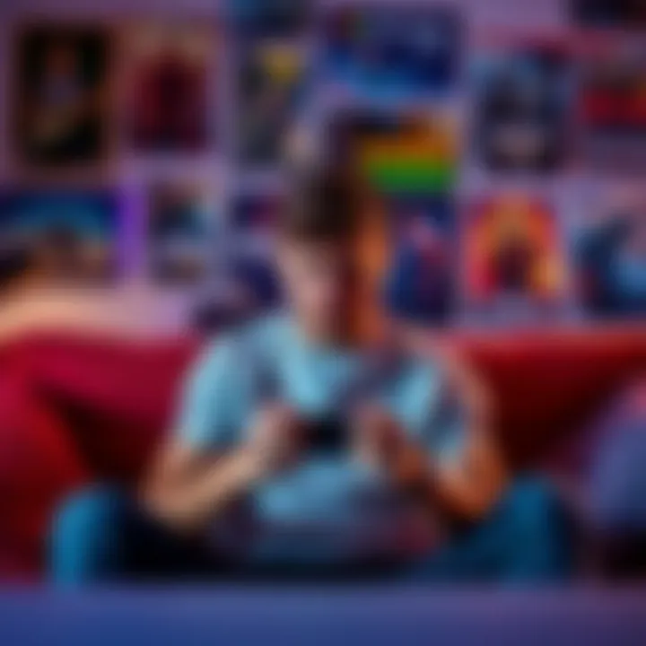 A person sits on a couch looking frustrated while holding a gaming controller, surrounded by popular video games and gaming posters.