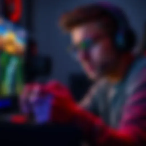 A person looking frustrated while playing a video game, with a gaming controller in hand and a gaming setup in the background.