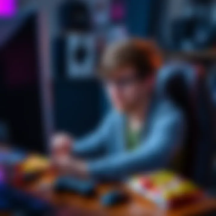 A gamer with a frown sitting in front of a computer, surrounded by game controllers and snacks, reflecting on a challenging gaming experience.