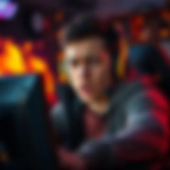 Frustrated Gamer A gamer showing frustration while playing a video game, surrounded by fire-themed graphics and a damage indicator on the screen indicating a one-shot kill despite fire resistance equipped.