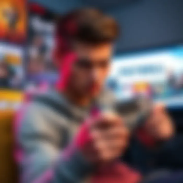 Frustrated gamer with game controller A gamer looking frustrated while holding a game controller, surrounded by gaming posters and screen showing a paywall