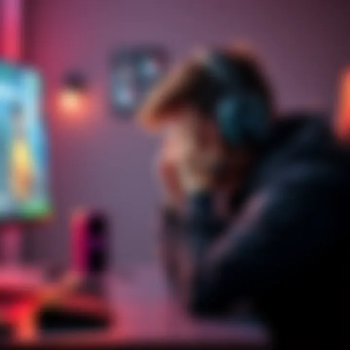 A frustrated gamer sitting at a computer, head in hands, with a gaming headset and a screen displaying a ranked match.