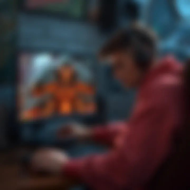 A gamer with a frustrated expression sitting at a computer, showing gameplay of a character with large fists in a repetitive battle scene.