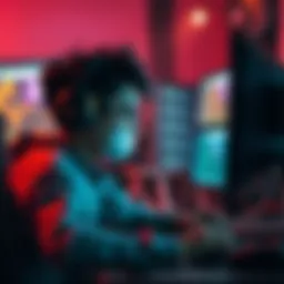 A gamer sitting at a computer, looking frustrated with game stability issues and error messages on the screen.