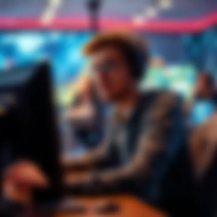 A gamer sitting in front of a computer, looking frustrated as they encounter challenges in a video game.