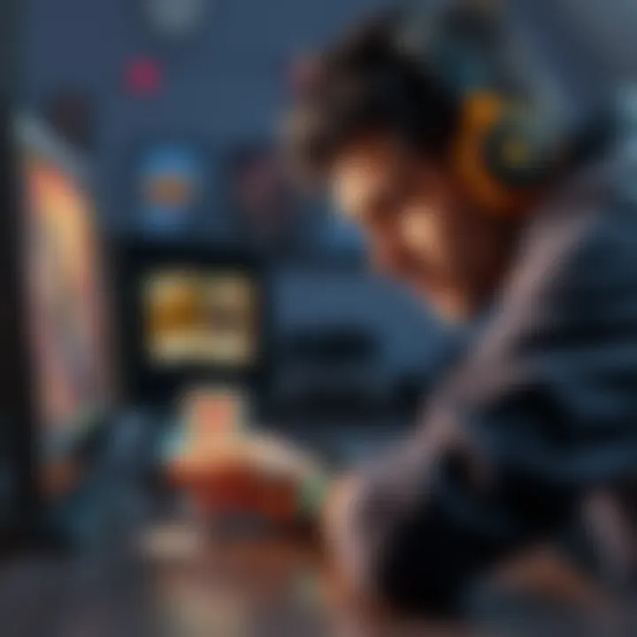 A gamer showing frustration while playing a card game on their computer, with cards referencing destruction strategies visible on the screen.