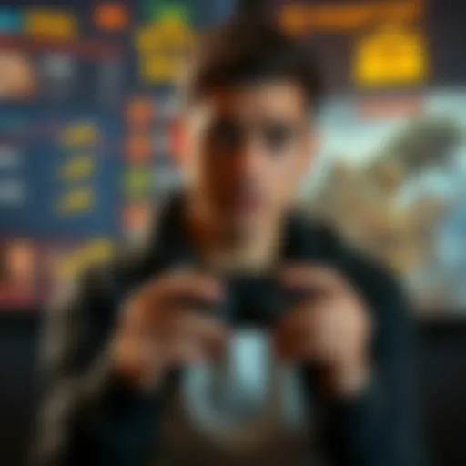 A gamer looking frustrated with a game controller in hand, surrounded by game stats displaying low loot rewards after several matches.