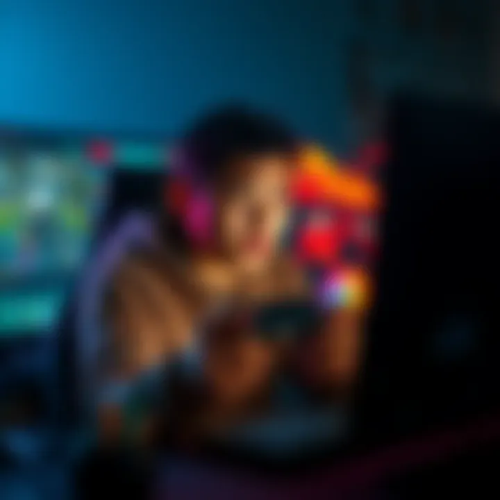 A gamer with a concerned expression sits in front of a computer, holding a gaming controller, surrounded by game graphics on the screen.