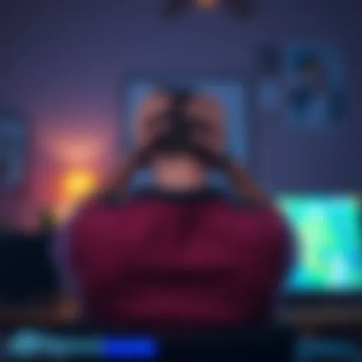 A person sitting in front of a gaming console, showing frustration with a game on the screen. The room is dimly lit, and the gamer has a frustrated expression with hands on their head.