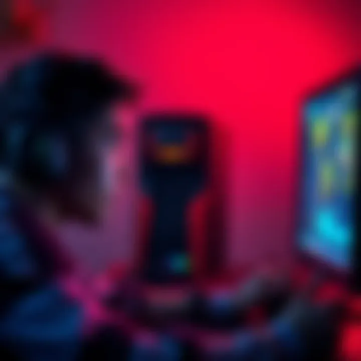 A South American gamer looking frustrated while playing on a computer with a lagging game screen showing North American server connection.