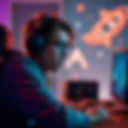 A player looking frustrated while playing a video game, sitting in front of a computer with a gaming setup.