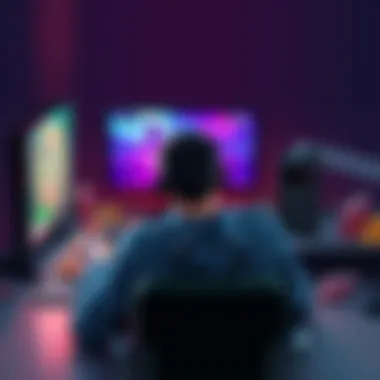 A person sitting at a gaming desk, looking tired but focused on a screen with a game on it, surrounded by snack wrappers and energy drinks.