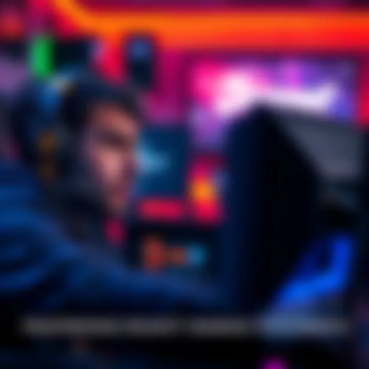A gamer shows frustration while playing ranked placements, with a focused expression and a gaming headset on, surrounded by gaming equipment.