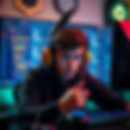 A gamer looking frustrated while staring at a computer screen filled with game code, surrounded by gaming accessories.