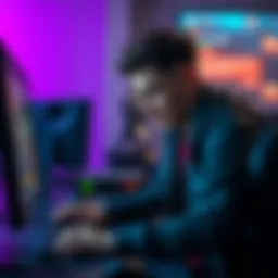 A gamer showing frustration while playing on a computer, with game mechanics issues displayed on the screen and chat messages visible