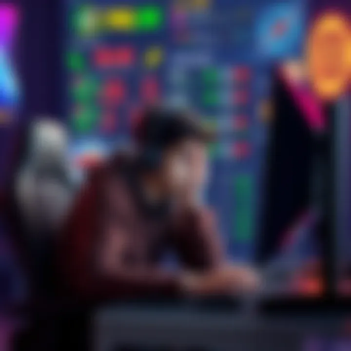 A gamer sitting at a computer looking overwhelmed while glancing at a screen filled with game statistics and reward goals.