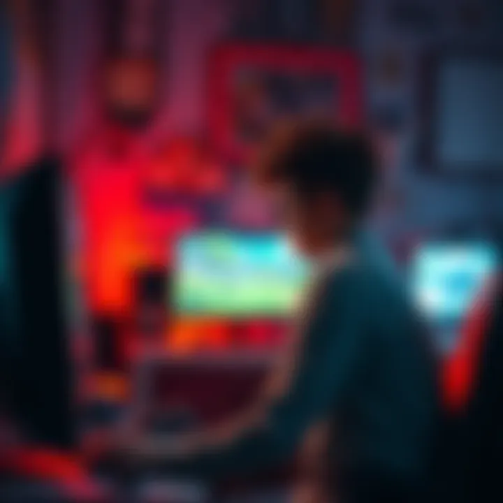 A gamer looking frustrated while playing a game on a computer, with a dimly lit room and a cluttered desk in the background.