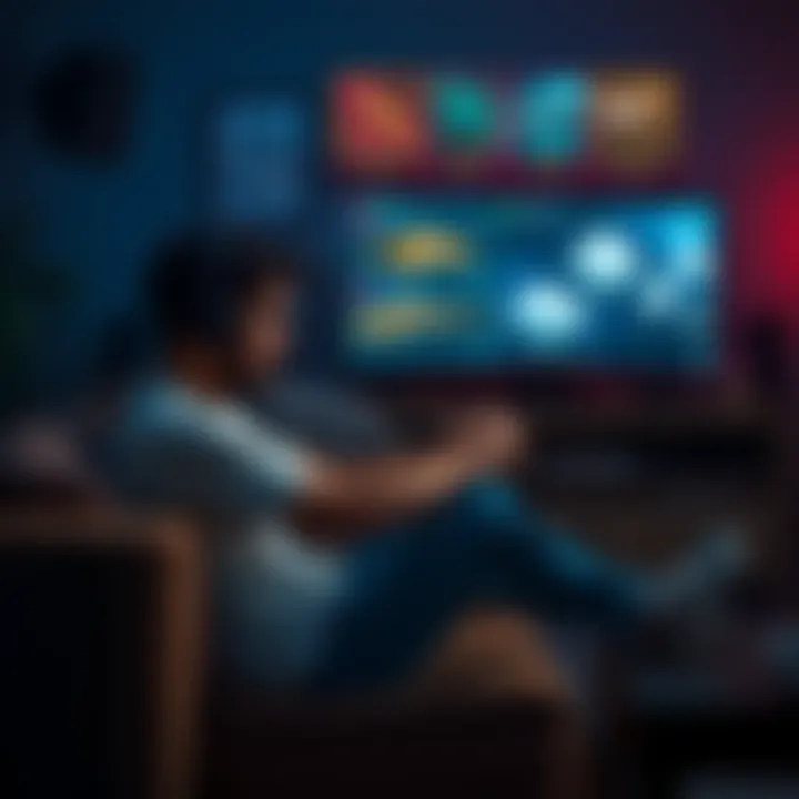 A gamer sitting on a couch looking frustrated while playing a video game, with images of Kuva Liches and weapon icons on the screen