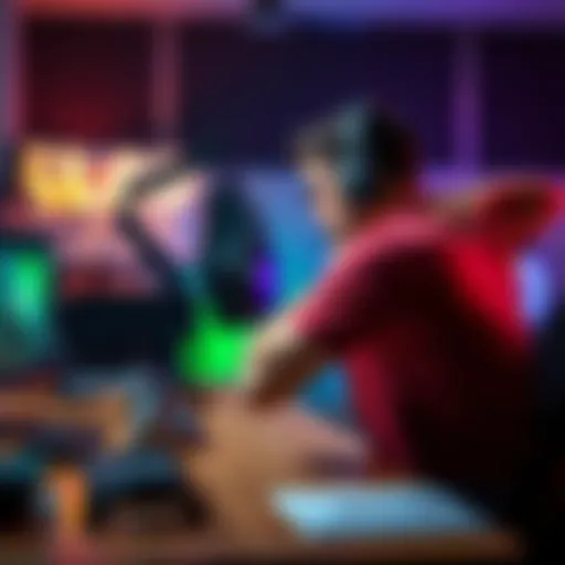 Gamer sitting at a desk, showing frustration while holding their back, with a gaming setup in the background
