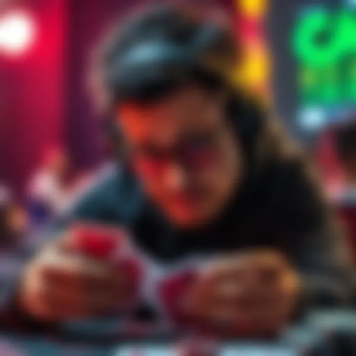 A frustrated gamer looking at their deck of cards, feeling unlucky in a game. The player's expression shows disappointment as they face tough opponents.