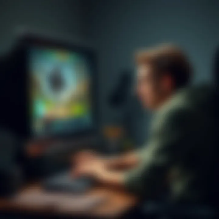 Frustrated gamer at a computer A gamer showing signs of frustration while playing Baldur's Gate 3 on a computer. The screen displays game elements, and the player has a worried expression, emphasizing their struggle with the game.