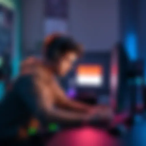 A gamer sitting in front of a computer, looking disappointed at a ban notice on the screen, with gaming accessories around